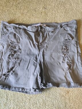 Distressed High-Waist Denim Shorts in Faded Gray